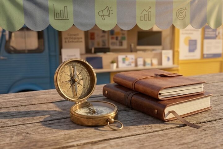 Boussole en laiton et carnets en cuir sur une table en bois, sous l'auvent d'un stand