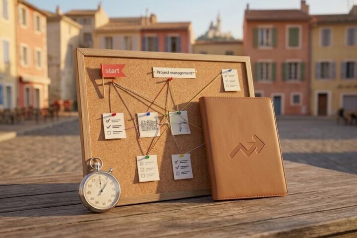 Tableau de liège couvert d'un rétroplanning épinglé, chronomètre et carnet posés devant