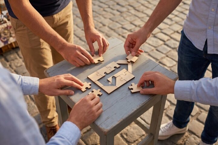 Quatre paires de mains assemblant un puzzle en bois sur une table