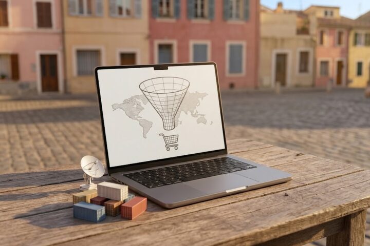 Ordinateur portable affichant un entonnoir de conversion sur une carte du monde, conteneurs miniatures à côté